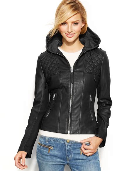 michael kors hooded leather moto jacket|More.